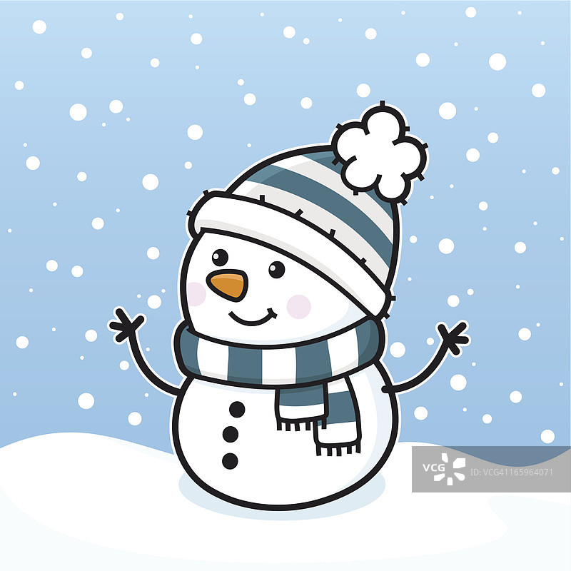 “下雪了”/戴着围巾和帽子的快乐的雪人图片素材