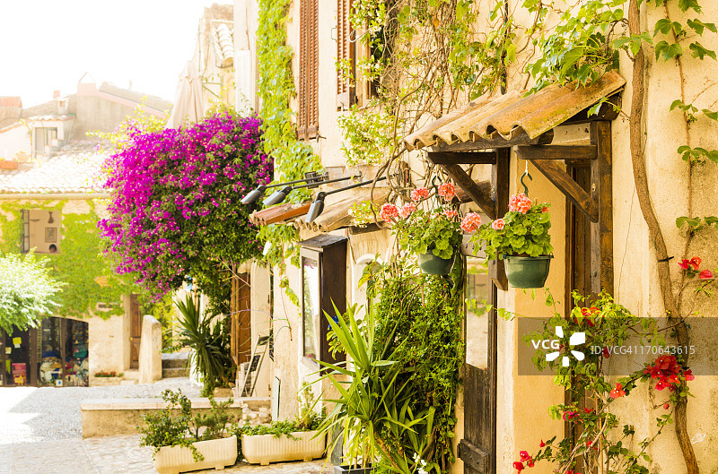 鲜花盛开的普罗旺斯小镇街道(普罗旺斯-阿尔卑斯-蔚蓝海岸，法国)图片素材