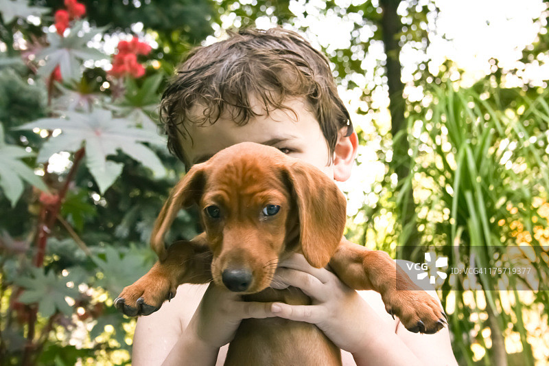 男孩抱着一只小狗图片素材