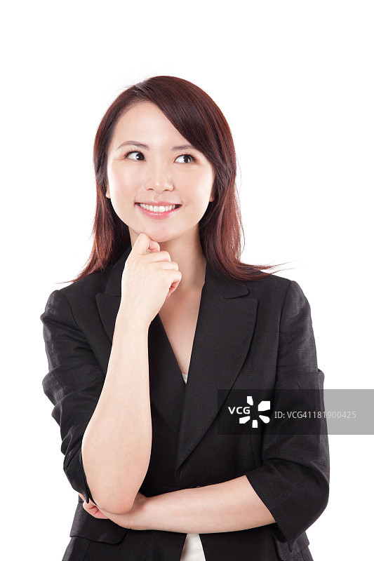 亚洲女商人在白色背景下思考的肖像图片素材