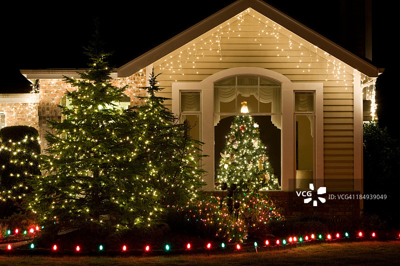 有圣诞灯和圣诞树的房子图片素材