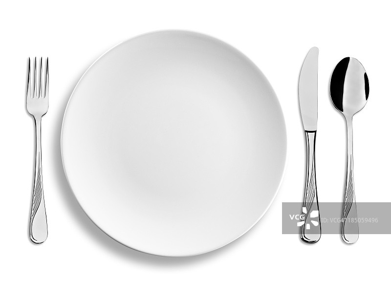 用钢餐具将餐盘清空，并将其置于白色背景上图片素材