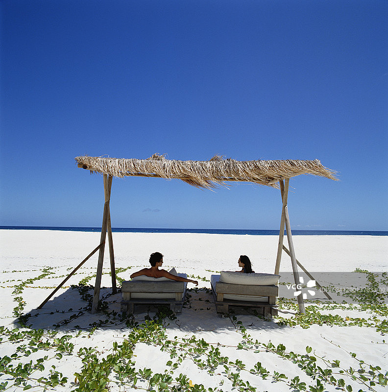 情侣在沙滩上的日光浴床上遮阳，后视图图片素材