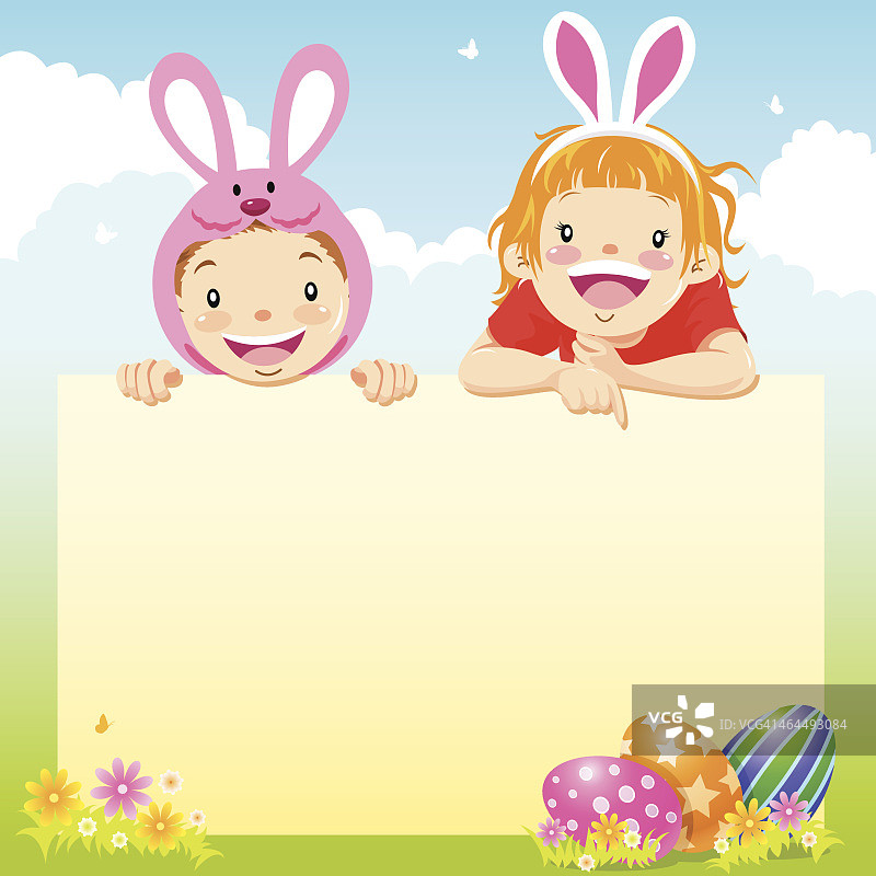 男孩和女孩指向复活节提醒图片素材