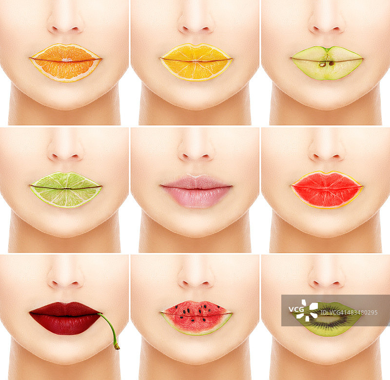 女人的嘴唇涂着水果色的唇彩。图片素材