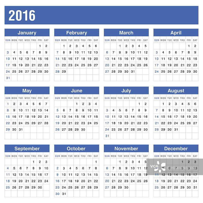 日历2016在蓝色-向量图片素材
