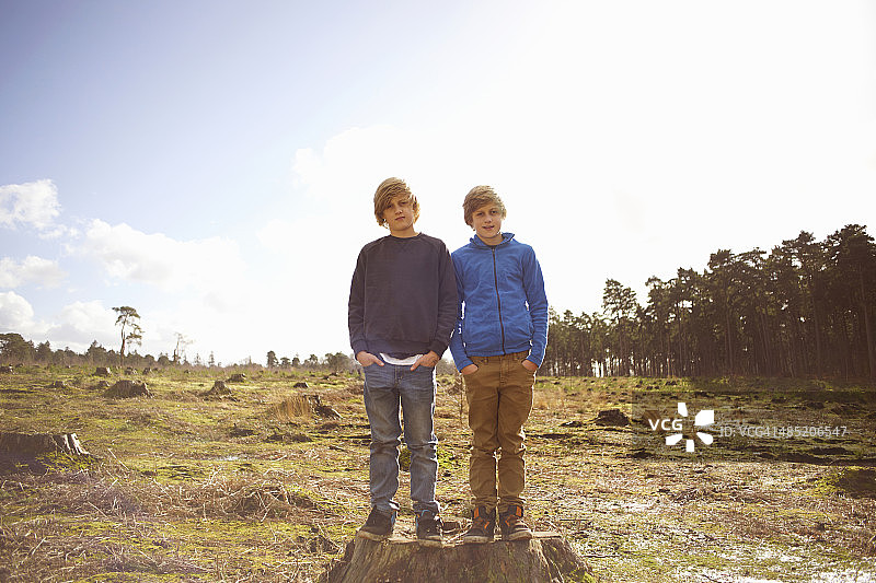 双胞胎兄弟的肖像在森林清理图片素材