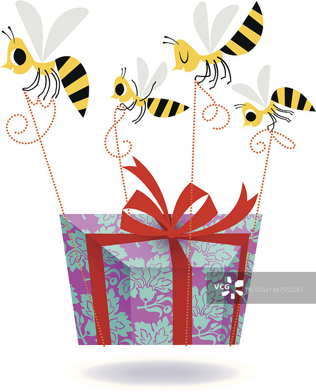 蜜蜂携带礼盒。图片素材