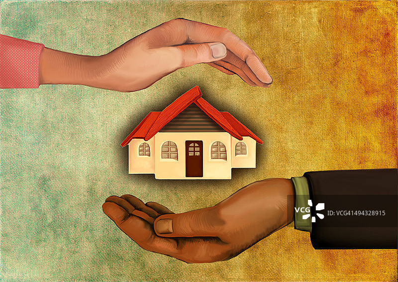 插图形象的人的手屏蔽模型房子代表家庭保险图片素材