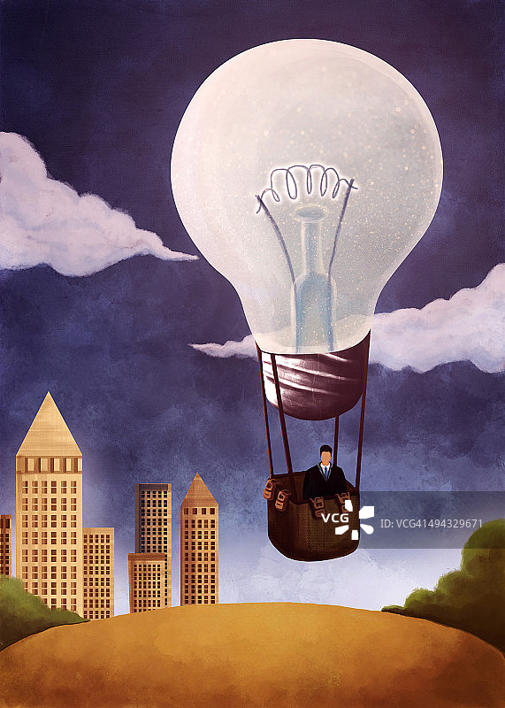 商人在灯泡形状的热气球上的插图形象，代表着想法图片素材