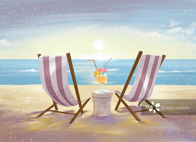 沙滩上的躺椅插图图片素材