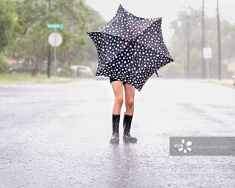 在暴风雨中拿着雨伞的女孩图片素材