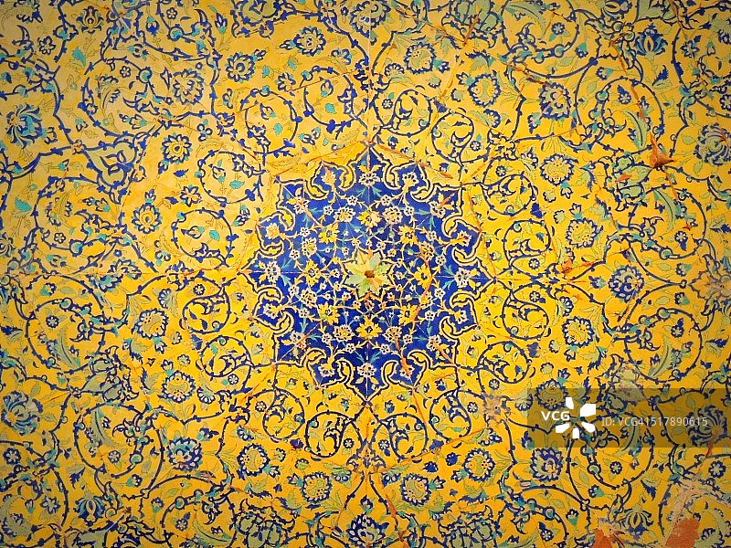 黄色和蓝色的花清真寺圆顶马赛克图片素材