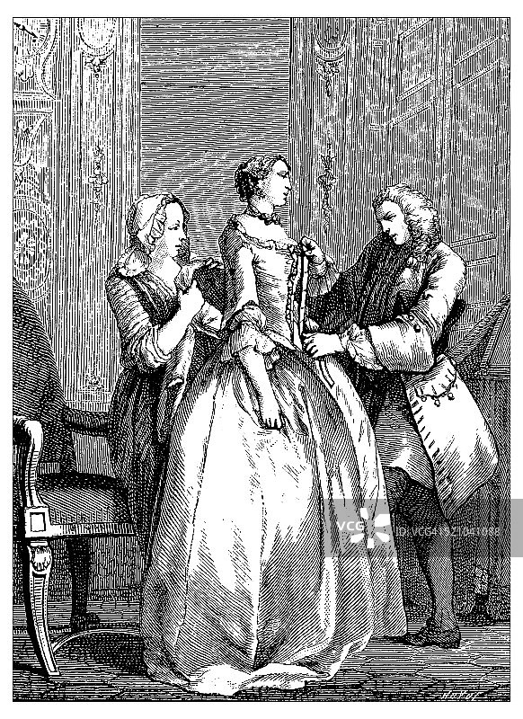 世界18世纪妇女裁缝的古董插图图片素材