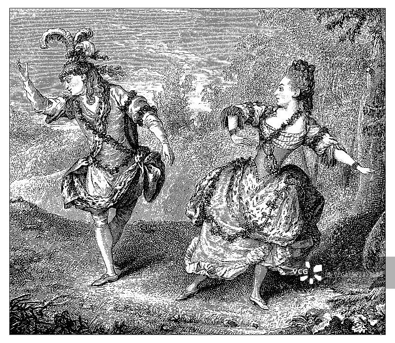 18世纪法国舞蹈演员在舞台上表演的古董插图图片素材