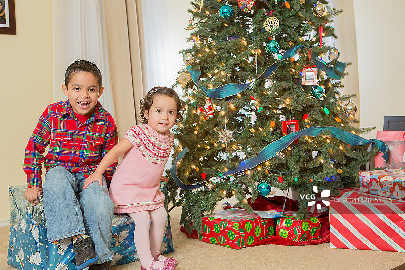 孩子们在圣诞树前图片素材