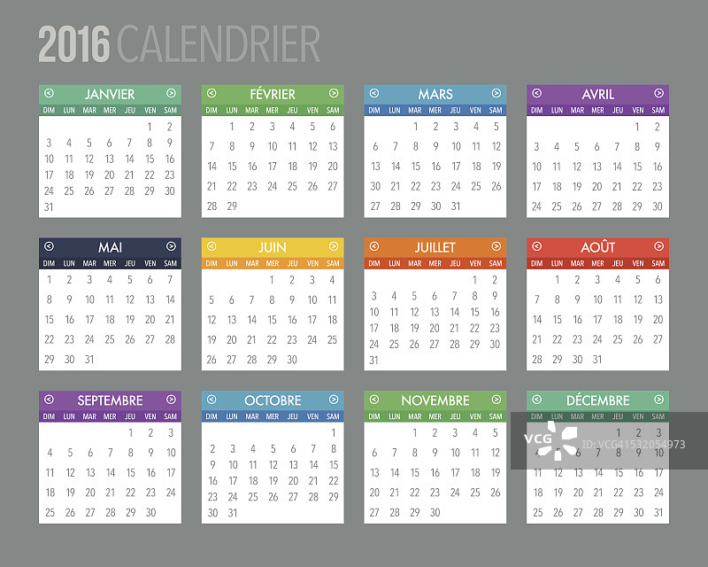 2016法国日历模板图片素材