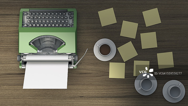 打字机，咖啡杯和桌上的粘性笔记，3D渲染图片素材