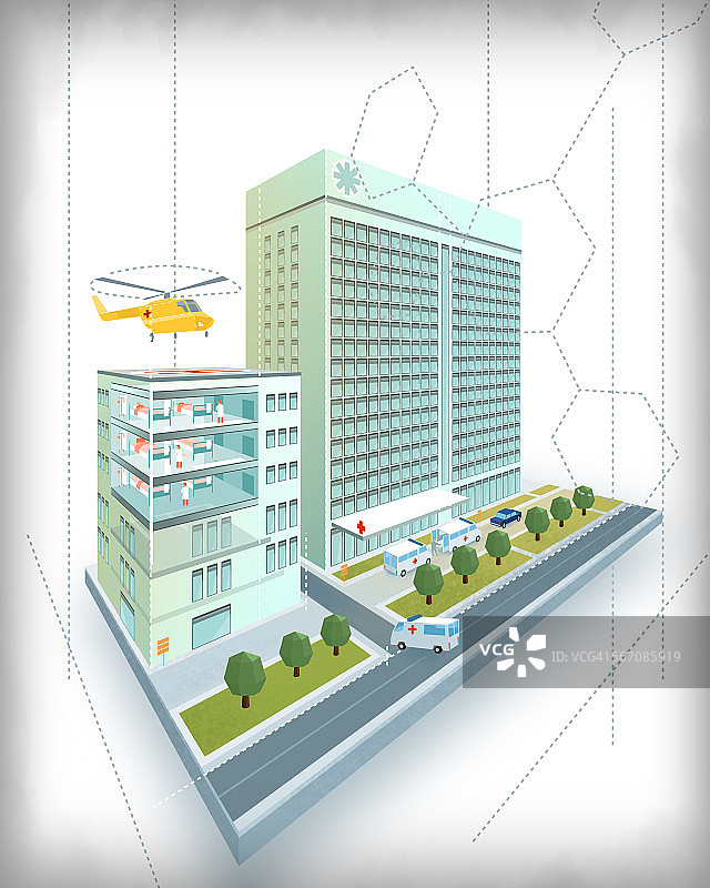等距医院屋顶有直升机停机坪现代3D设计模型孤立在白色背景图片素材