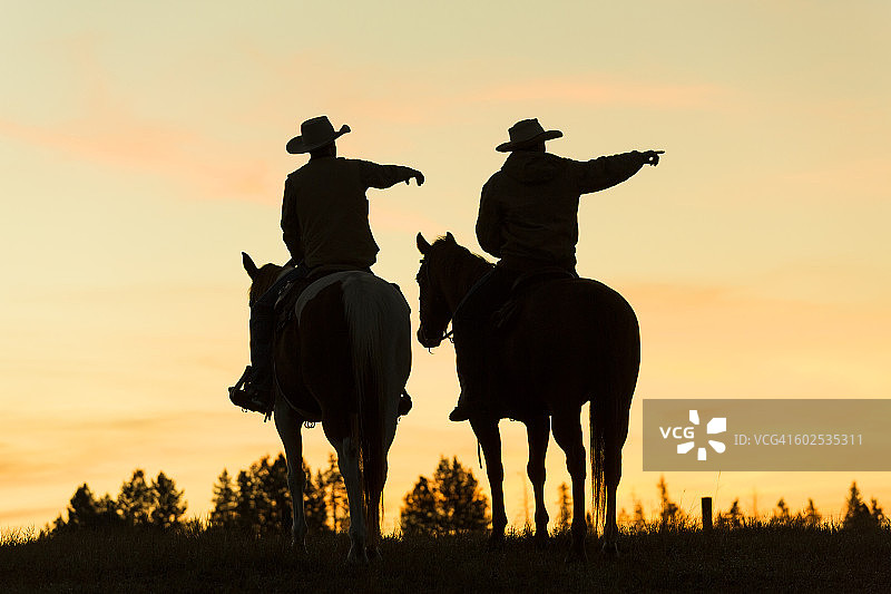 黎明时分，牧场上骑着马的牛仔剪影图片素材