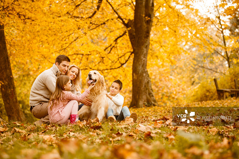 秋天公园里的家庭和狗图片素材