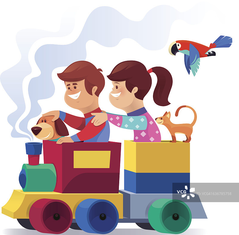 快乐的孩子和宠物在玩具火车上图片素材