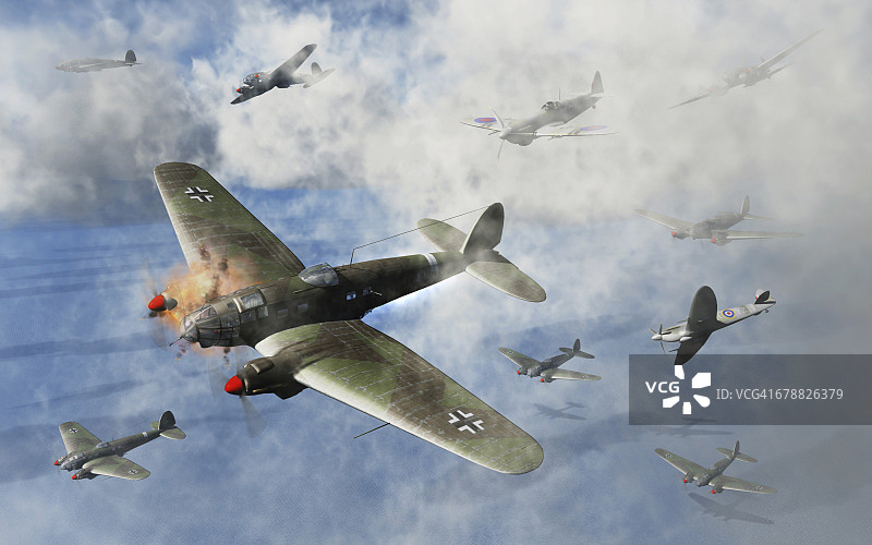 德国海因克尔111轰炸机受到皇家空军喷火战斗机的攻击。图片素材