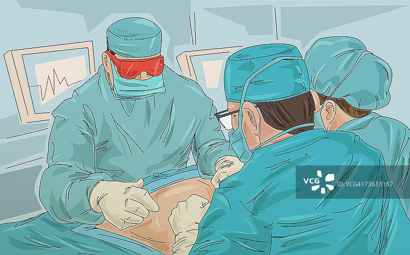三个外科医生在一个病人上做手术的高角度视图图片素材