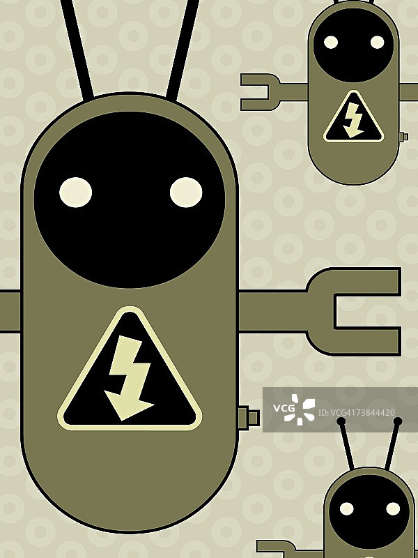 三个机器人的特写，有电标志图片素材