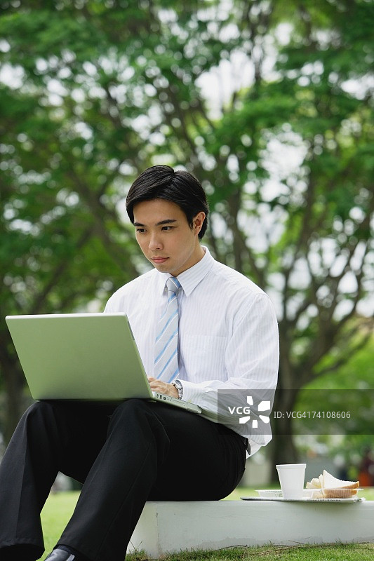 商人坐在公园里，用着笔记本电脑图片素材