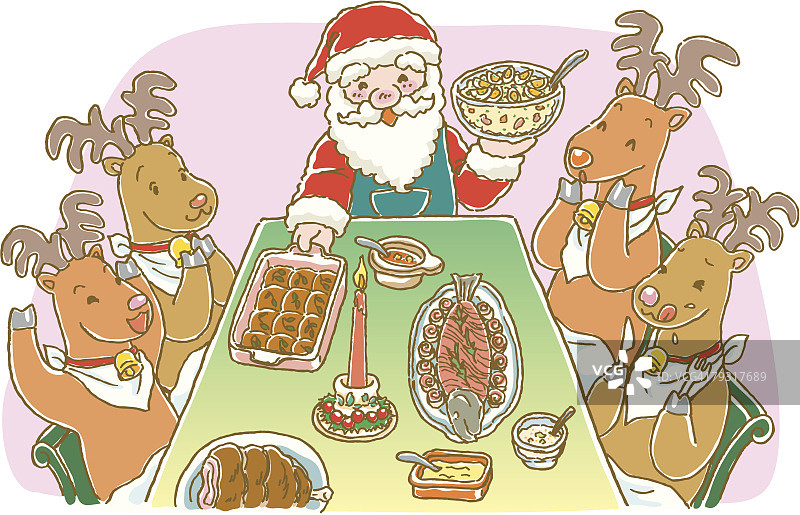 圣诞老人给驯鹿吃东西的画，插图图片素材