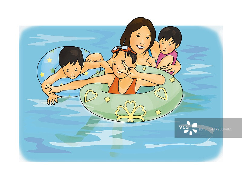 家庭在游泳池里玩，高角度视角，白色背景，剪出图片素材