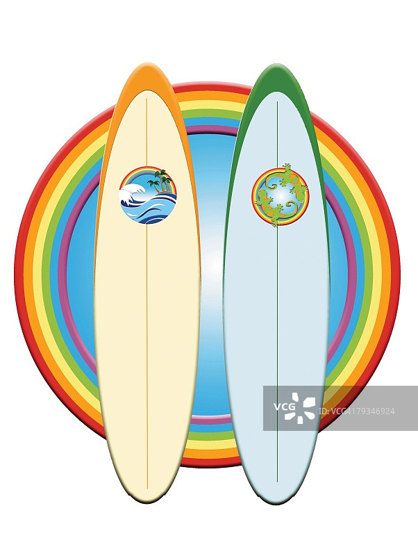 两个冲浪板在彩虹框架，绘画，插图图片素材