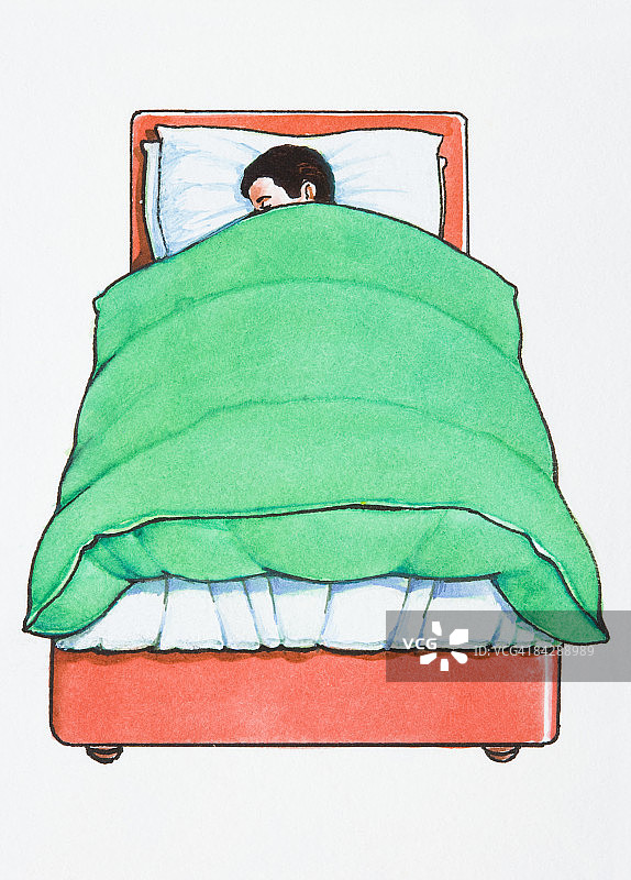 男孩睡在绿色羽绒被下面的床上的插图图片素材
