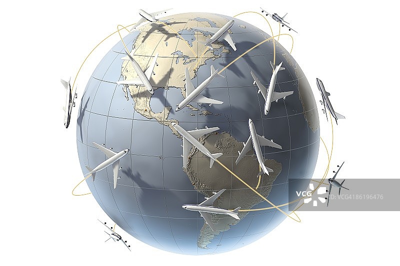 一架飞机环绕着一个显示美国的地球仪飞行图片素材