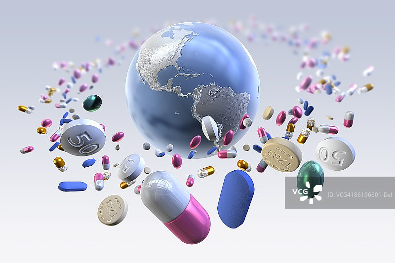 药丸和药物与美国一起环绕地球图片素材