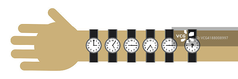 手腕和手臂上六只手表的数字卡通，显示不同的时间和问号图片素材