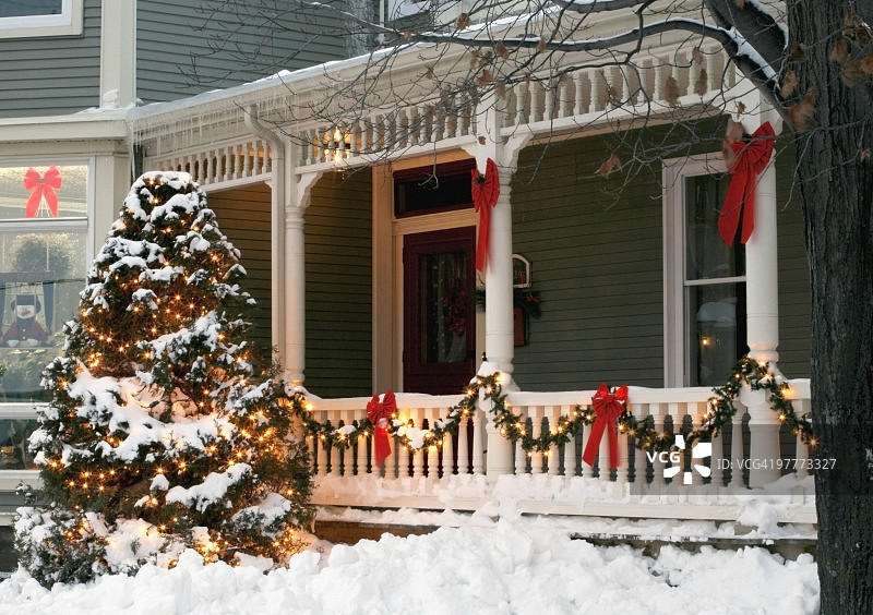 装饰圣诞树和被雪覆盖的房子图片素材