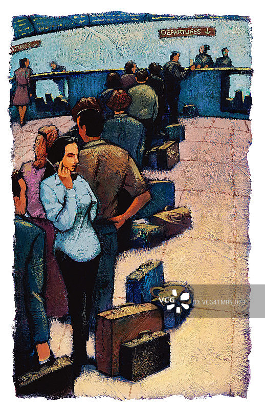 一个女人在机场排队用手机图片素材