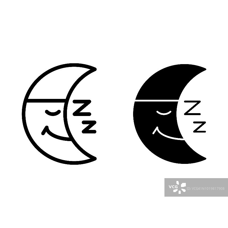 沉睡的月亮线和字形图标。月亮面矢量插图孤立在白色。新月形轮廓风格设计，专为网页和应用设计。Eps 10。图片素材