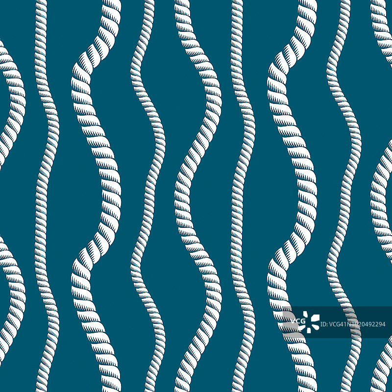 无缝航海绳索模式向量。无尽的海军蓝插图与环线装饰。海军简约简约的海洋绳索无尽设计。可用于织物，墙纸，包装，网和印刷。图片素材