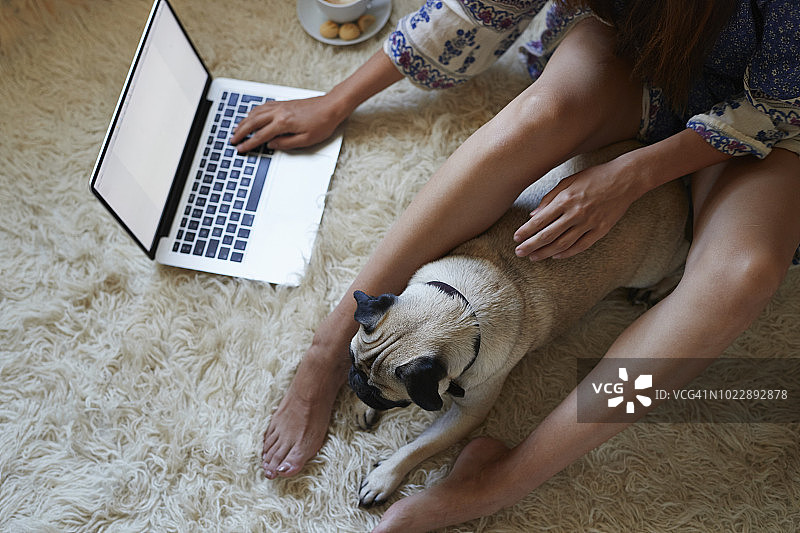 一个女人和一只叫帕克的狗在地板上用笔记本电脑的剪影图片素材