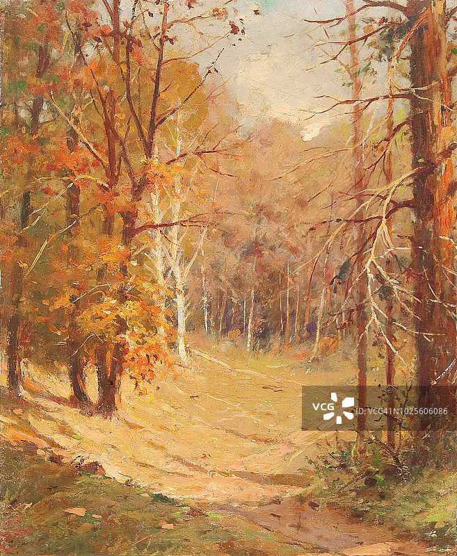 油画-穿过森林的路图片素材