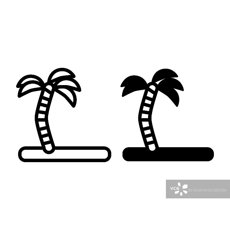 岛上的棕榈树线条和象形图标。椰子树矢量插图孤立在白色。热带岛屿轮廓风格设计，专为网页和应用。Eps 10。图片素材