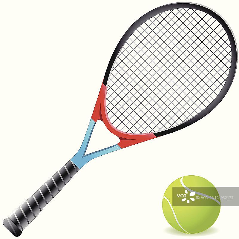 一个橙色和蓝色的网球拍和一个网球图片素材