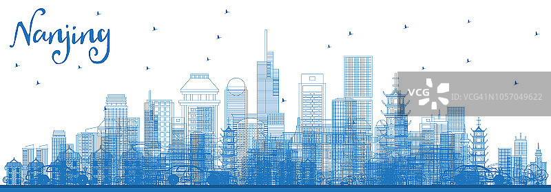 用蓝色的建筑勾勒出南京的天际线。图片素材