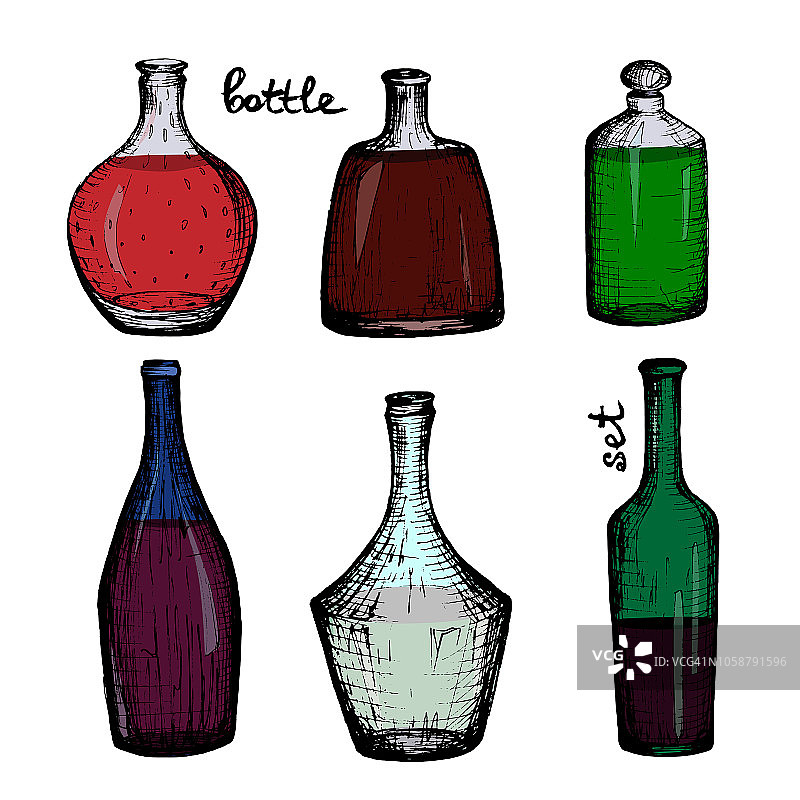 瓶子- 6个彩色手绘对象图片素材