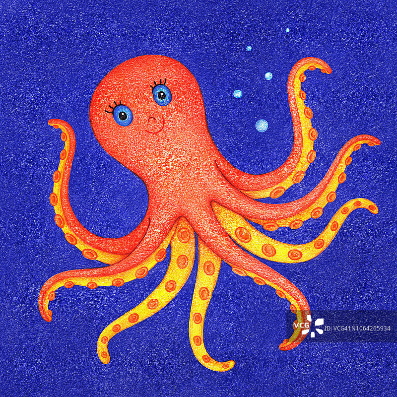 在水下游泳的橙色章鱼的手绘图片图片素材