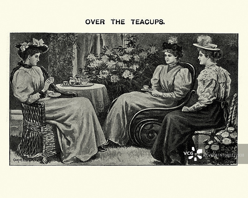 十九世纪九十年代，维多利亚时代的妇女在下午茶时聊天图片素材