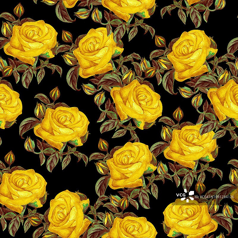 无缝水彩黄玫瑰图案图片素材